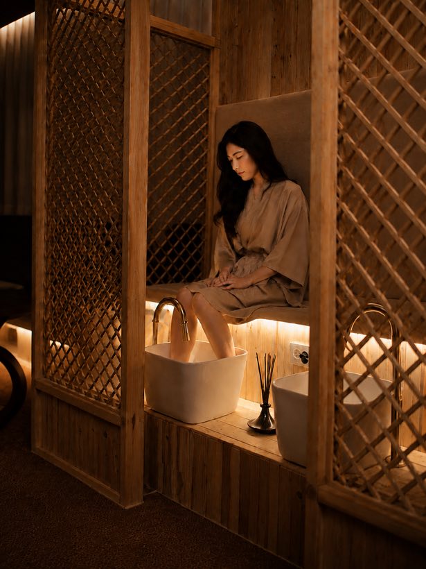 격자 파티션 안의 풋 스파 자리